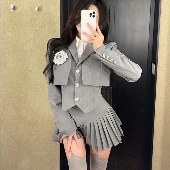Jackets & Blazers - JK Uniform Suit: Lapel Collar Crop Blazer / Vest / High Rise Pleated Skirt